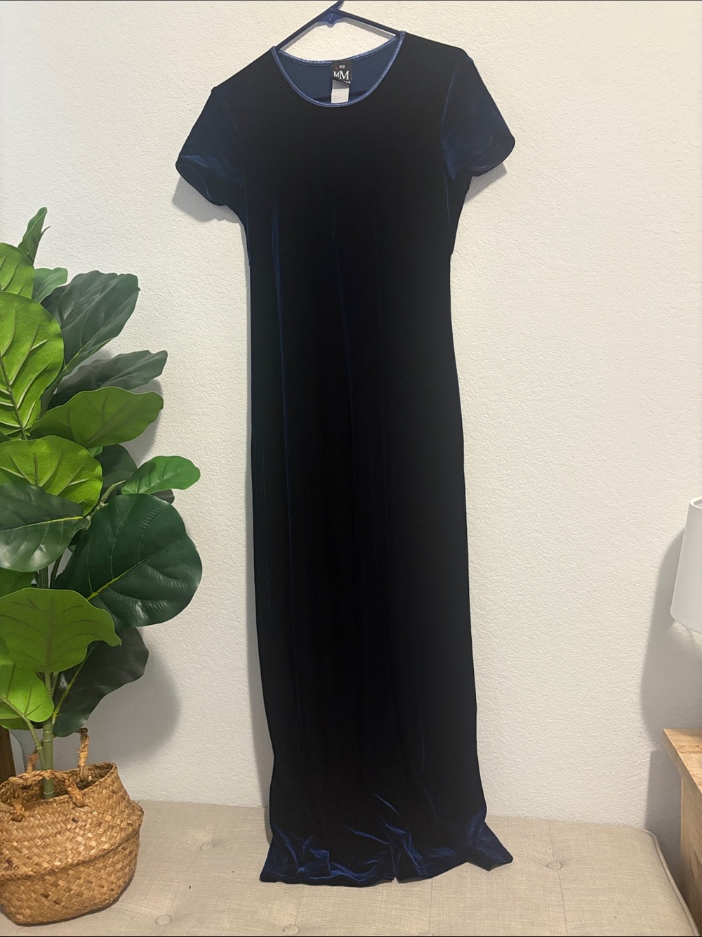 Vintage My Michelle Navy Velvet Short Sleeve empire waist Maxi Dress large